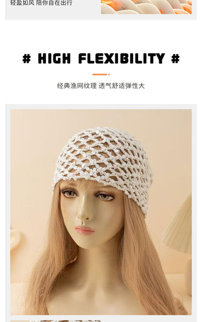New Adult Hair Cap with Hollow Sequins, Handmade Hat, Solid Color Cotton Hat, Fashionable Hair-Tying Fishnet Head Cap detail 9