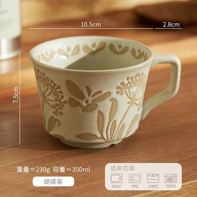 Ceramic embossed breakfast cup oatmeal mug small fresh water cup coffee cup wholesale European retro ceramic household detail 4