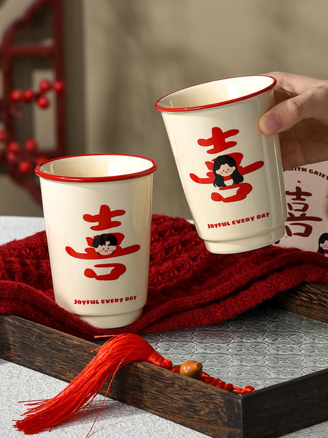 High-Looking Ceramic Cup, Red Double Happiness Mouthwash Cup, Couple's Wedding Souvenir, Toothbrush Cup, Tea Cup, Large Capacity detail 10