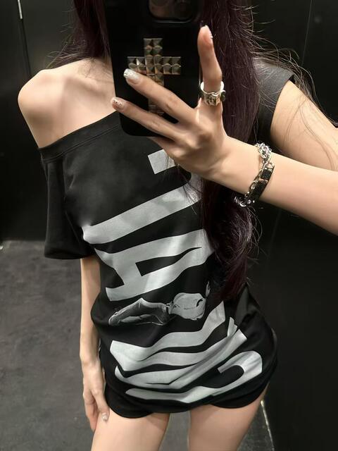 26Scu* Summer New Korean Style Niche Letter Print Loose Fit Off-Shoulder Short-Sleeve T-Shirt Top for Women detail 8