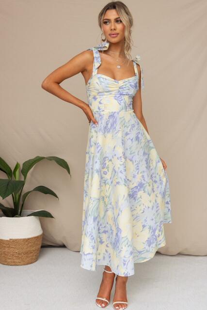 2025 Cross-Border Amazon European and American New Slim Fit Waist V Neck Suspender Printed Mid-Length Dress for Women detail 6