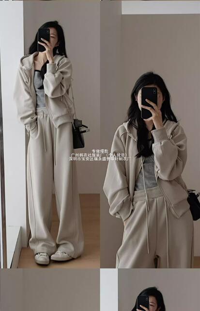 Early Autumn Outfit with a Complete Tea-Themed Set: Women's Hooded Sweatshirt and Wide-Leg Pants, Sporty Casual Two-Piece Set in Black detail 10