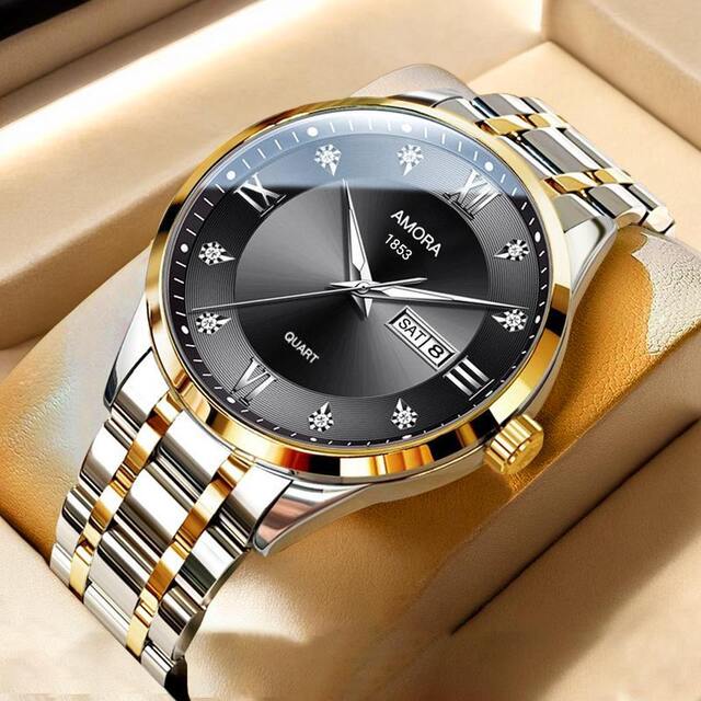 Classic Men's Watch Men's Business Quartz Men's Watch Large Dial Steel Strap Fully Automatic Non-Mechanical Watch Waterproof Gold detail 10