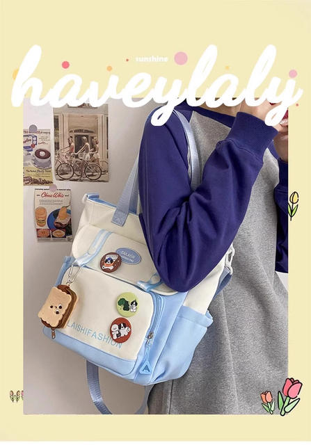 Japanese Ins Contrast Color Student Handbag Tillage Bag Canvas Junior High School Student Large Capacity Class Bag Women's Crossbody Bag detail 2