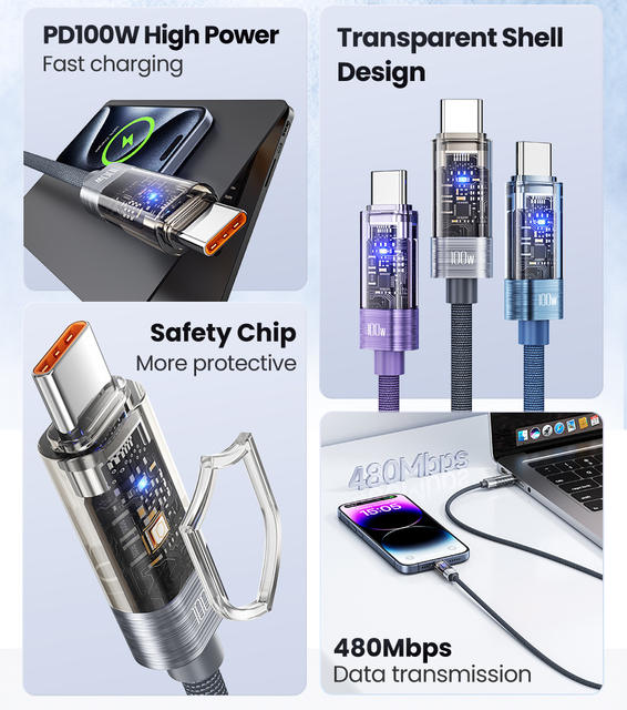 Toocki Mobile Phone Data Cable Transparent Automatic Power-Off 100W Fast Charging Cable Suitable for Huawei Xiaomi Charging Cable detail 2