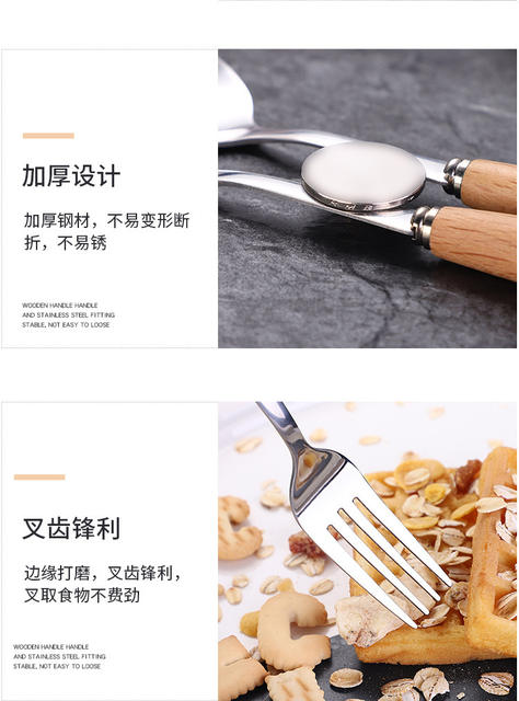 Wooden Handle Stainless Steel Portable Tableware Set Three-Piece Set of Spoons and Chopsticks for Home Use High-End Japanese-Style Gift Tableware Set detail 8
