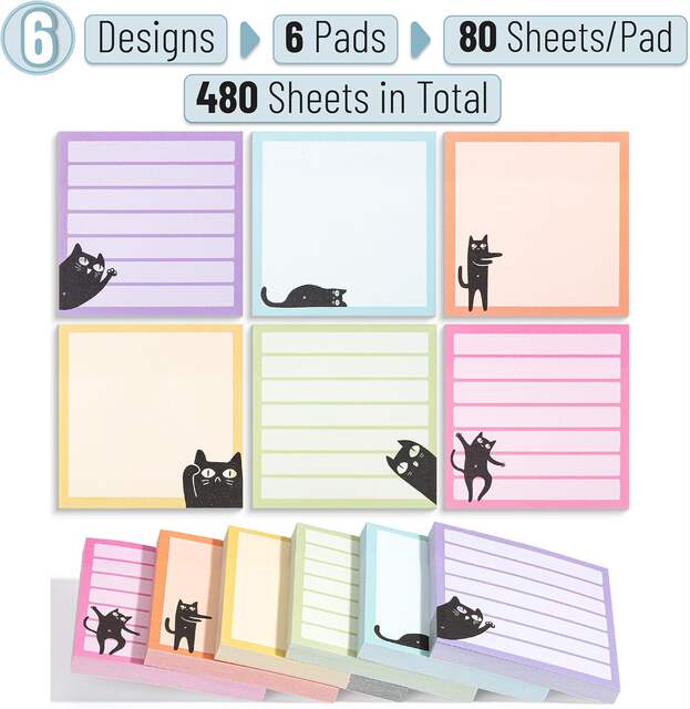 Cartoon Little Black Cat Sticky Notes, Colorful Lined Notepad, High-Value Aesthetic Memo Pad for Students, Reusable Sticky Notes detail 12