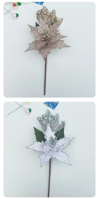 Mesh Hollow-Out Christmas Flower Maple Leaf-Shaped Fabric Flower Arrangement Artificial Christmas Decorations Christmas Flower Arrangement with Gold Glitter Flower Branches detail 9