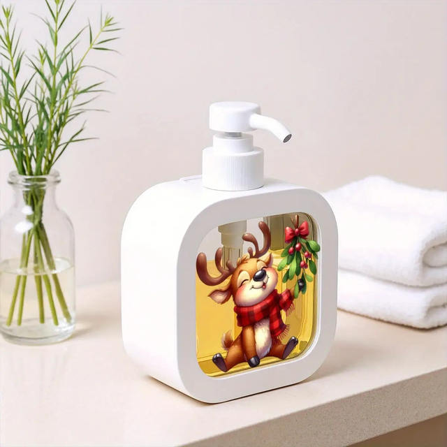 A Refillable Manual Pump Soap Dispenser with Cartoon Reindeer and Holly Designs - One Unit detail 5