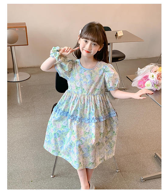 Thin Girl's dress Stylish Floral Children's Skirt Summer Large Children's Little Girl's Cotton Short-sleeved Princess Skirt detail 2