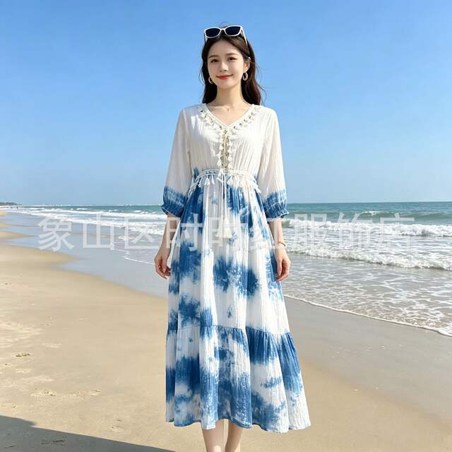 Yunnan and Guizhou Traditional Tie-Dye Blue-Dyed Dress, Handmade Tie-Dye Long Dress, Slimming, Gentle, Sweet, and Elegant Strap Dress detail 6