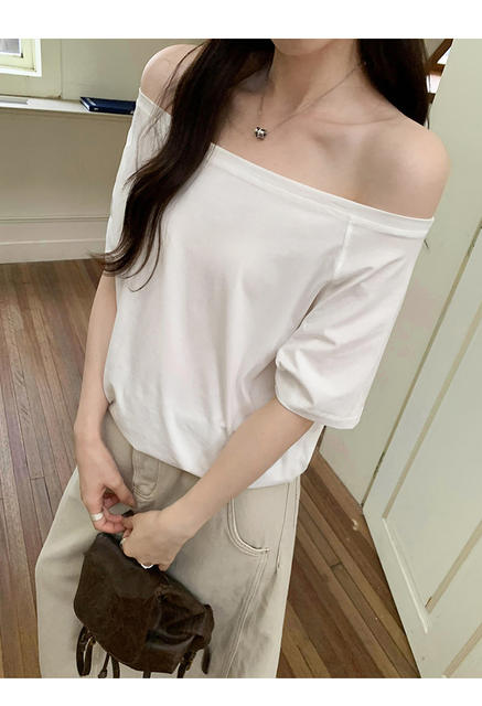 Irina 2025 off-line collar slant shoulder short sleeve cotton T-shirt women's summer new relaxed-fit lazy style high-end top detail 6