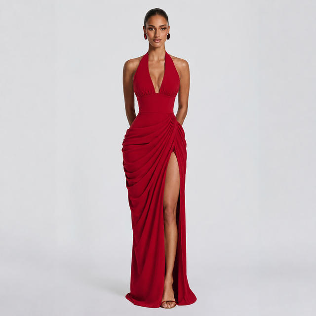 2026 Cross-Border Summer New Style Halter V-Neck Fashionable and Sexy Dress with Vertical Pleats on the Chest, Elegant Diagonal Pleated Dress for Women detail 9