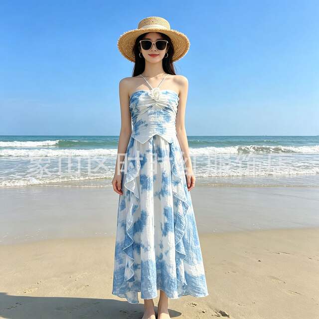 Yunnan and Guizhou Traditional Tie-Dye Blue-Dyed Dress, Handmade Tie-Dye Long Dress, Slimming, Gentle, Sweet, and Elegant Strap Dress detail 7