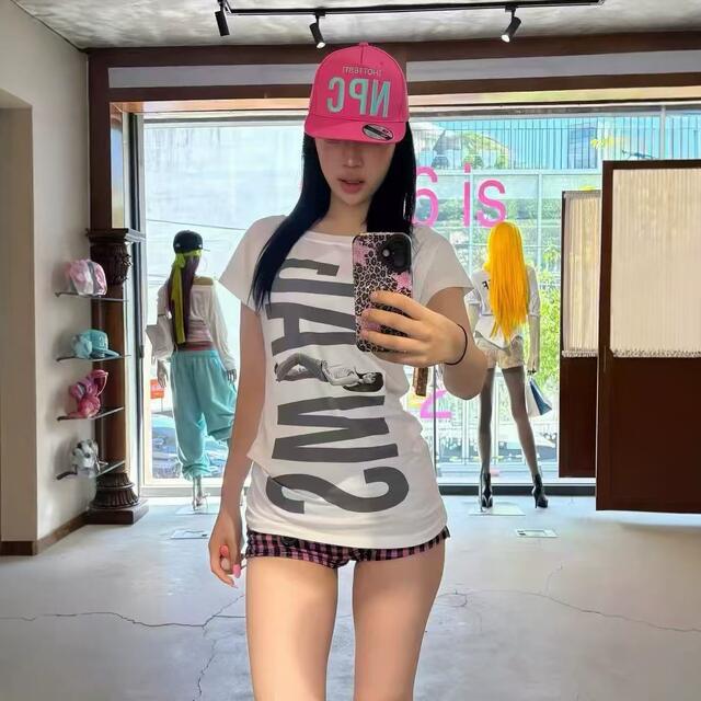26Scu* Summer New Korean Style Niche Letter Print Loose Fit Off-Shoulder Short-Sleeve T-Shirt Top for Women detail 2