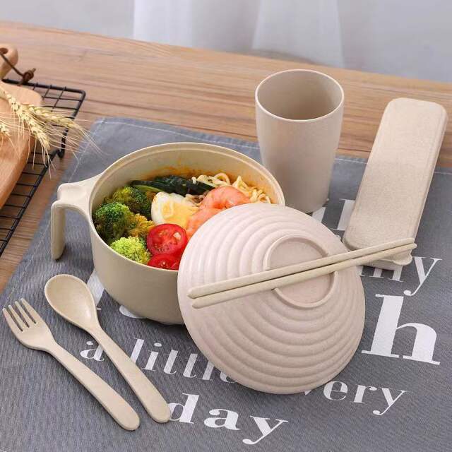 Wheat Straw Instant Noodle Bowl with Lid Tableware Student Dormitory Bowl Chopsticks Fork Spoon Set Instant Noodle Bowl with Lid detail 5