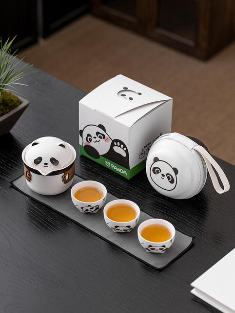 Panda Travel Tea Set Ceramic One Pot Three Cups Cute Portable Quick Cup Filter Tea Cup Outdoor Business Gift detail 2