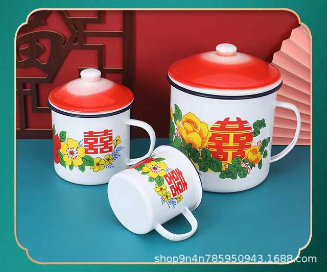 Double Happiness Floral Enamel Cup with Lid, Waistband, Wedding Banquet Gift, Wedding Candy Box, Mug, Souvenir, Tea Jar detail 6