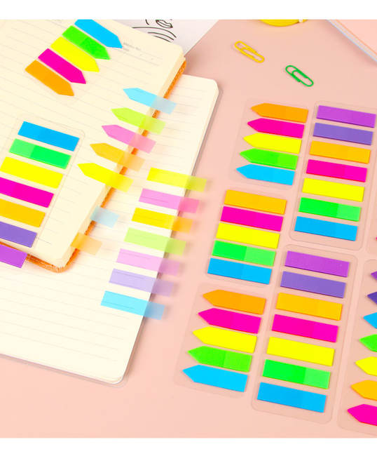Pet Transparent Sticky Note Fluorescent Color Bar Index Sticker Student Self-Adhesive Waterproof Arrow Classification Label Sticker Wholesale detail 9
