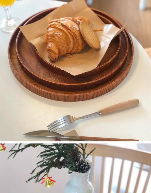 Home Snack Tea Tray Dinner Plate Cafe Round Snack Tray Tea Tray Ins Style Vintage Cake Wooden Tray detail 9