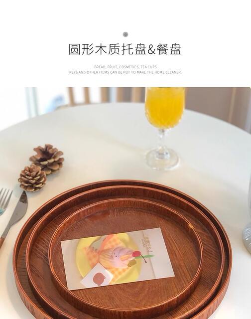 Home Snack Tea Tray Dinner Plate Cafe Round Snack Tray Tea Tray Ins Style Vintage Cake Wooden Tray detail 1