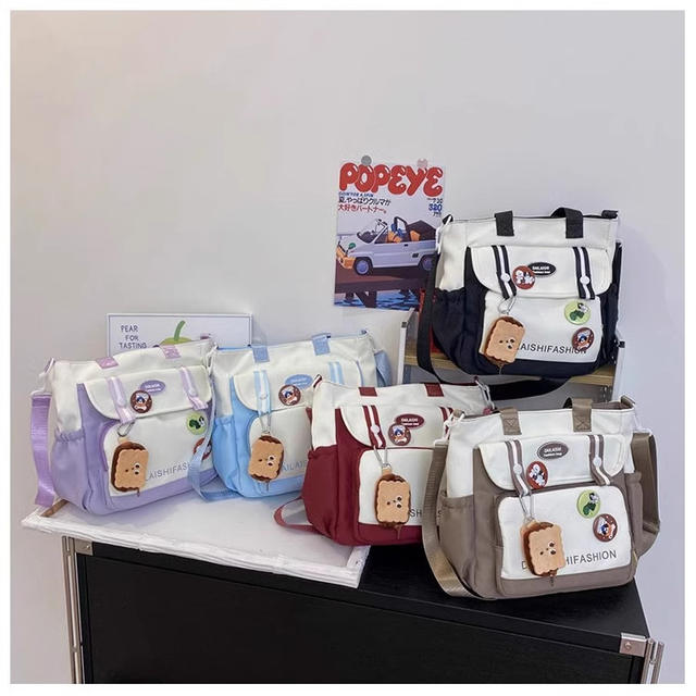 Japanese Ins Contrast Color Student Handbag Tillage Bag Canvas Junior High School Student Large Capacity Class Bag Women's Crossbody Bag detail 4