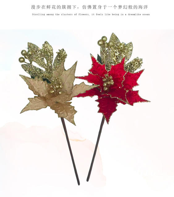 Mesh Hollow-Out Christmas Flower Maple Leaf-Shaped Fabric Flower Arrangement Artificial Christmas Decorations Christmas Flower Arrangement with Gold Glitter Flower Branches detail 2