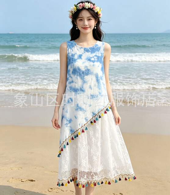 Yunnan and Guizhou Traditional Tie-Dye Blue-Dyed Dress, Handmade Tie-Dye Long Dress, Slimming, Gentle, Sweet, and Elegant Strap Dress detail 2