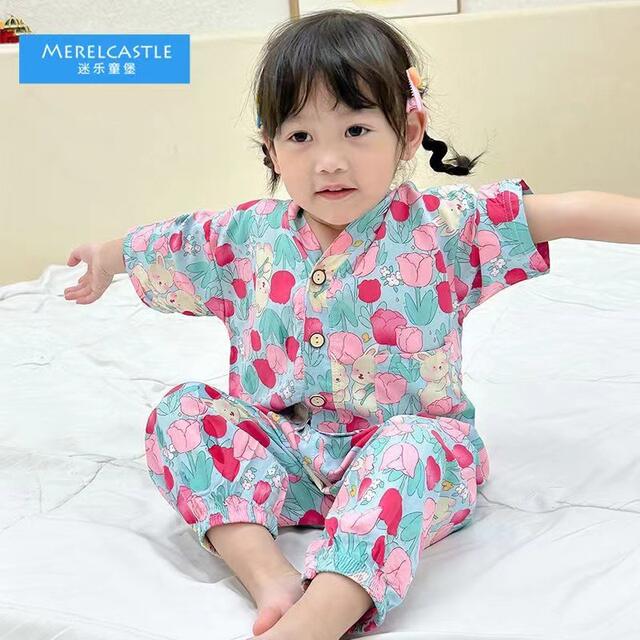 Children's Cotton Silk Pajamas Set Summer Artificial Cotton Air-conditioning Clothing for Boys and Girls Cotton Silk Home Clothes Two-piece Children's Clothing detail 6