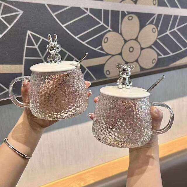 Little Bear Mark Glass Water Cup Glacier Household Heat-Resistant Glass Hammered Handle Cup Ins Breakfast Cup Logo Printing detail 9