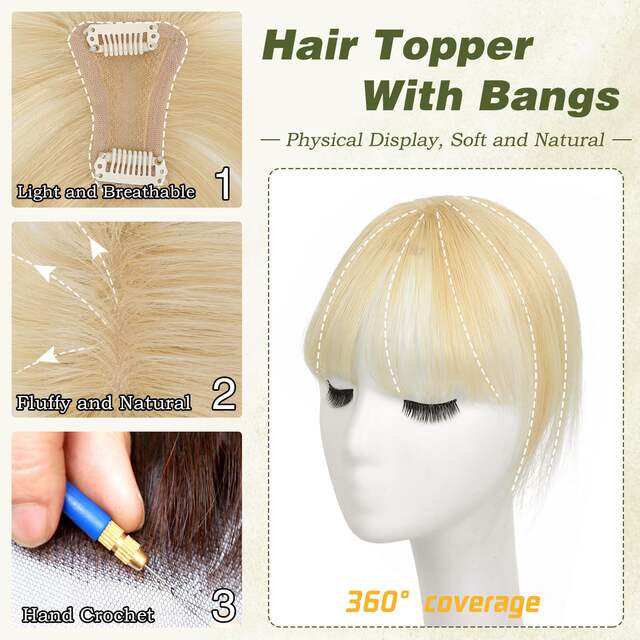 3D wig piece bangs hand-woven neat bangs female horoscope 10inc real person hair elegant bangs t-shaped golden wig piece detail 1