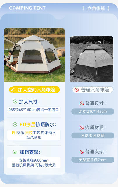 Customized Hexagonal Tent with Double Doors and Four Windows for Outdoor Travel and Camping, Fully Automatic Tent with Sun Protection, Rain Protection, Cold Protection, and Warmth detail 8