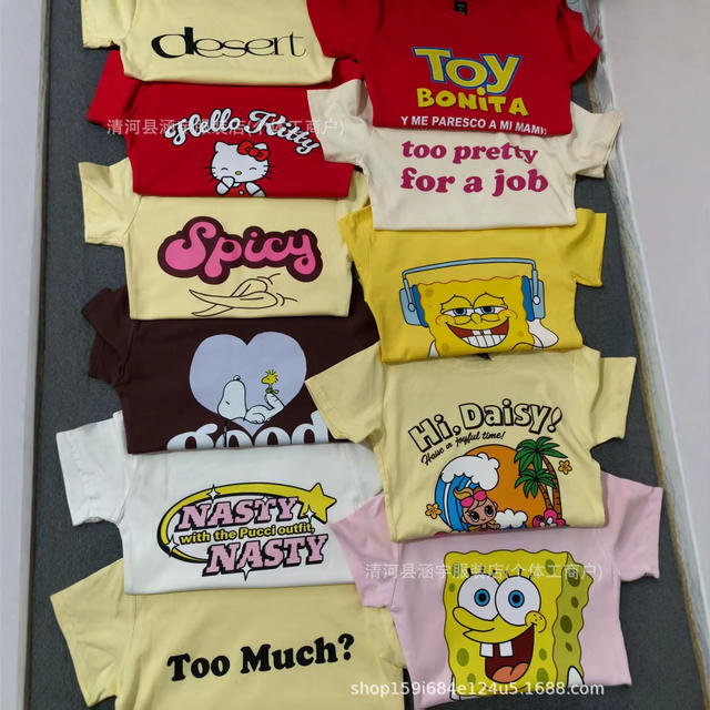 Basictops Women's Short-Sleeved T-Shirt Summer European and American Cross-Border Ribbed Cotton Cartoon Print Basic Top New Style t detail 2