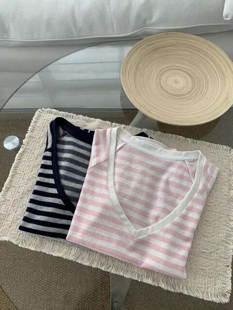 Pink Striped V-Neck Slim-Fit Short-Sleeve T-Shirt for Women, Summer, Very Stylish Korean Design with Small Flutter Sleeves detail 5