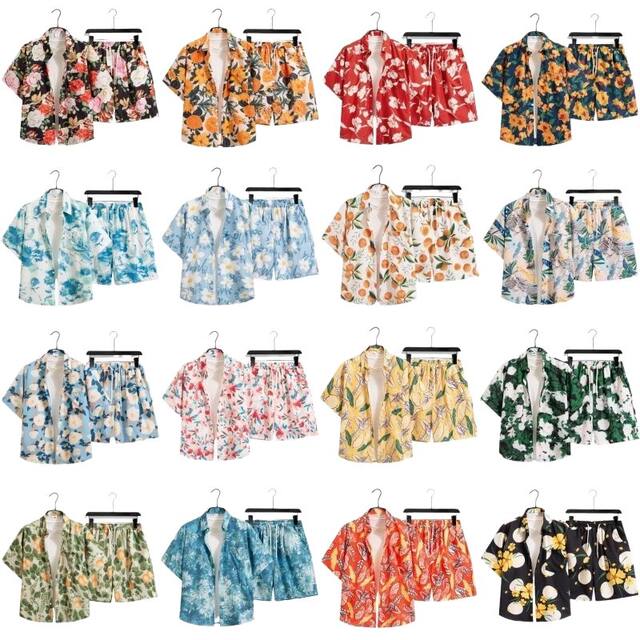 Summer Men's Quick-Drying Short-Sleeved Floral Shirt Suit Hawaiian Beach Suit Loose Casual Two-Piece Suit with Three-Quarter Pants detail 1