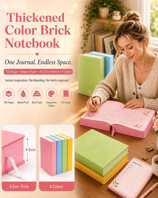 Thickened Colorful Brick Notebook 720 Pages Thickened Colorful Brick Book Pu Leather Cover A5 720 Pages Colorful Brick Book detail 1