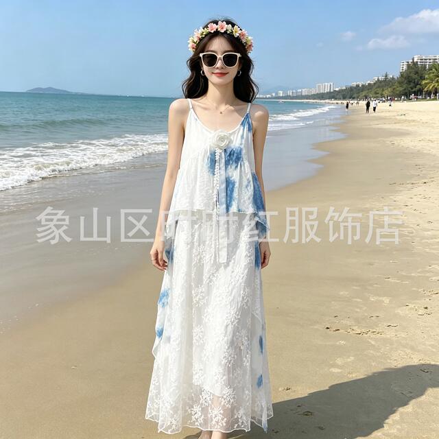 Yunnan and Guizhou Traditional Tie-Dye Blue-Dyed Dress, Handmade Tie-Dye Long Dress, Slimming, Gentle, Sweet, and Elegant Strap Dress detail 10