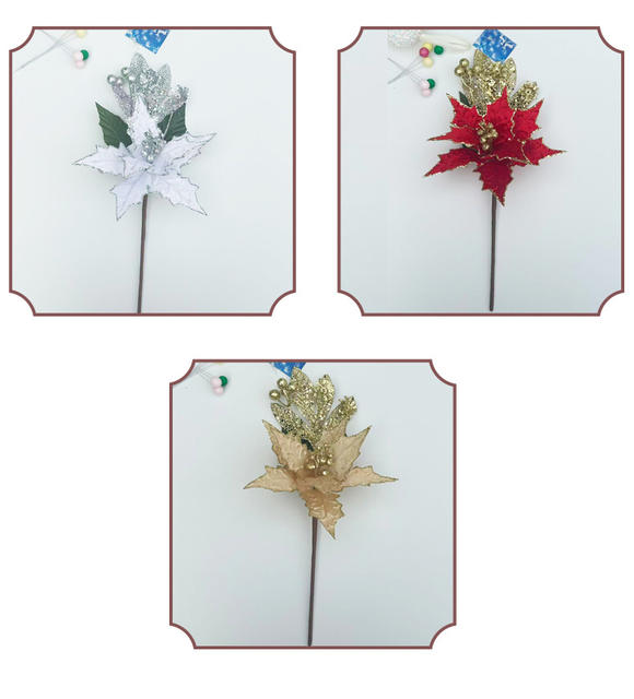 Mesh Hollow-Out Christmas Flower Maple Leaf-Shaped Fabric Flower Arrangement Artificial Christmas Decorations Christmas Flower Arrangement with Gold Glitter Flower Branches detail 5