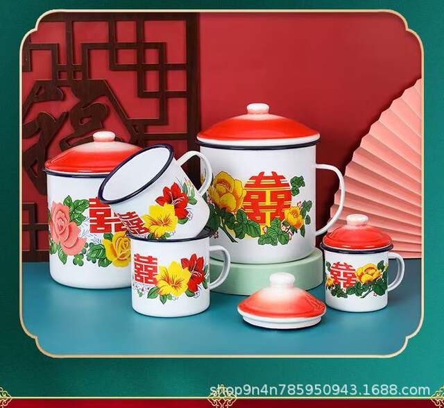 Double Happiness Floral Enamel Cup with Lid, Waistband, Wedding Banquet Gift, Wedding Candy Box, Mug, Souvenir, Tea Jar detail 3