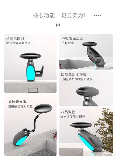 Fat Penguin Pull-Out Faucet Four-Speed Rotating Water Outlet Et Atmosphere Light Hot and Cold Dual-Use Washbasin Faucet detail 6
