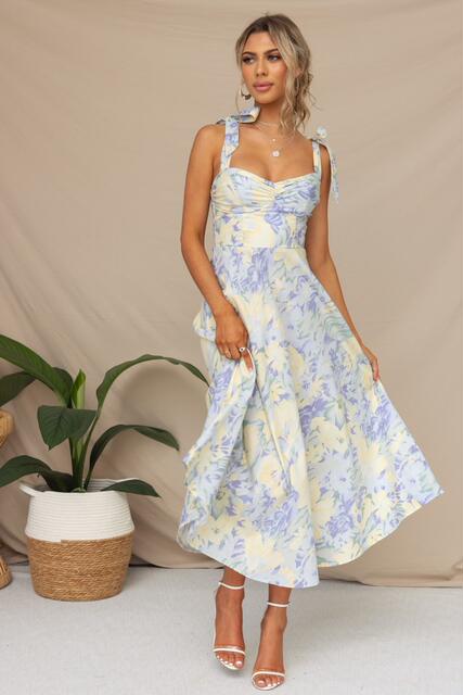2025 Cross-Border Amazon European and American New Slim Fit Waist V Neck Suspender Printed Mid-Length Dress for Women detail 3