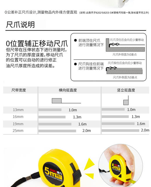 Deli 8203 Steel Tape Measure 5m Tape Measure Woodworking Plumber Automatic Retractable Tape Measure Stationery Office Supplies detail 4