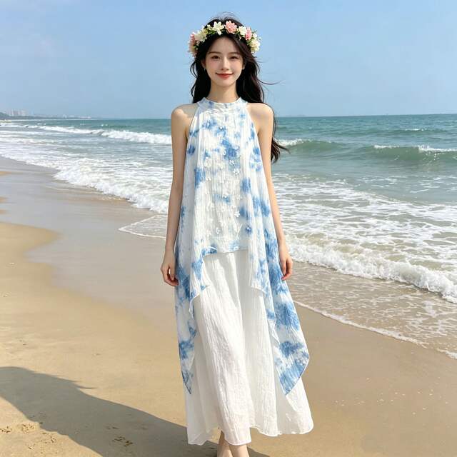 Yunnan and Guizhou Traditional Tie-Dye Blue-Dyed Dress, Handmade Tie-Dye Long Dress, Slimming, Gentle, Sweet, and Elegant Strap Dress detail 1