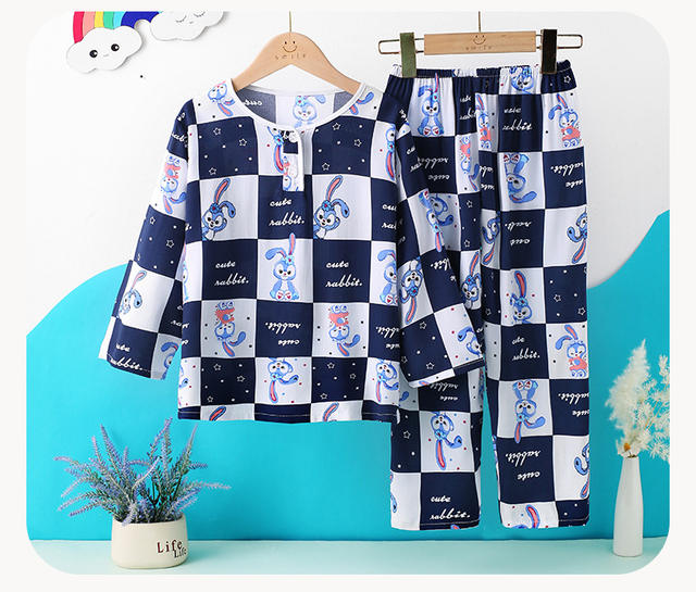 Spring and summer children's cotton silk pajamas cartoon suit long sleeve cotton silk home clothes boys and girls baby thin wholesale detail 6