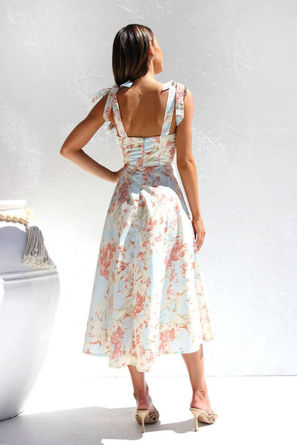 2025 Cross-Border Amazon European and American New Slim Fit Waist V Neck Suspender Printed Mid-Length Dress for Women detail 10