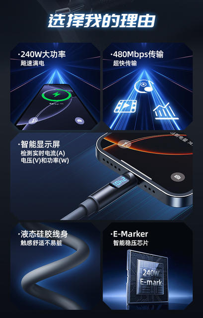 New 240W Smart Digital Display Dual Type-C Data Cable, Universal Fast Charging Cable for Mobile Phones and Laptops detail 3