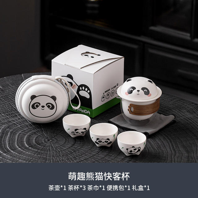 Panda Travel Tea Set Ceramic One Pot Three Cups Cute Portable Quick Cup Filter Tea Cup Outdoor Business Gift