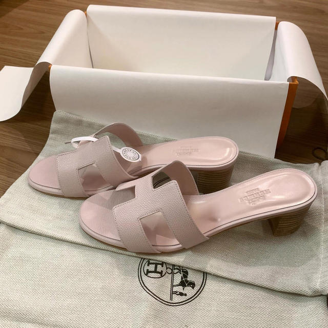 H High-Heeled Slippers Versatile French Style Outdoor Wear Pink Palm Print Genuine Leather Chunky Mid-Heel Sandals Slip-On Foreign Trade Shoes detail 1
