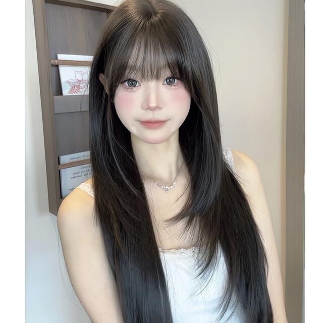 Wig Full Head Cover Women's Black Long Straight Long Hair Simulation Hair Air Bangs Fluffy Natural Daily Full Top Wig Hair Cover