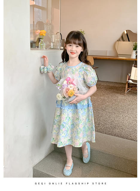 Thin Girl's dress Stylish Floral Children's Skirt Summer Large Children's Little Girl's Cotton Short-sleeved Princess Skirt detail 11